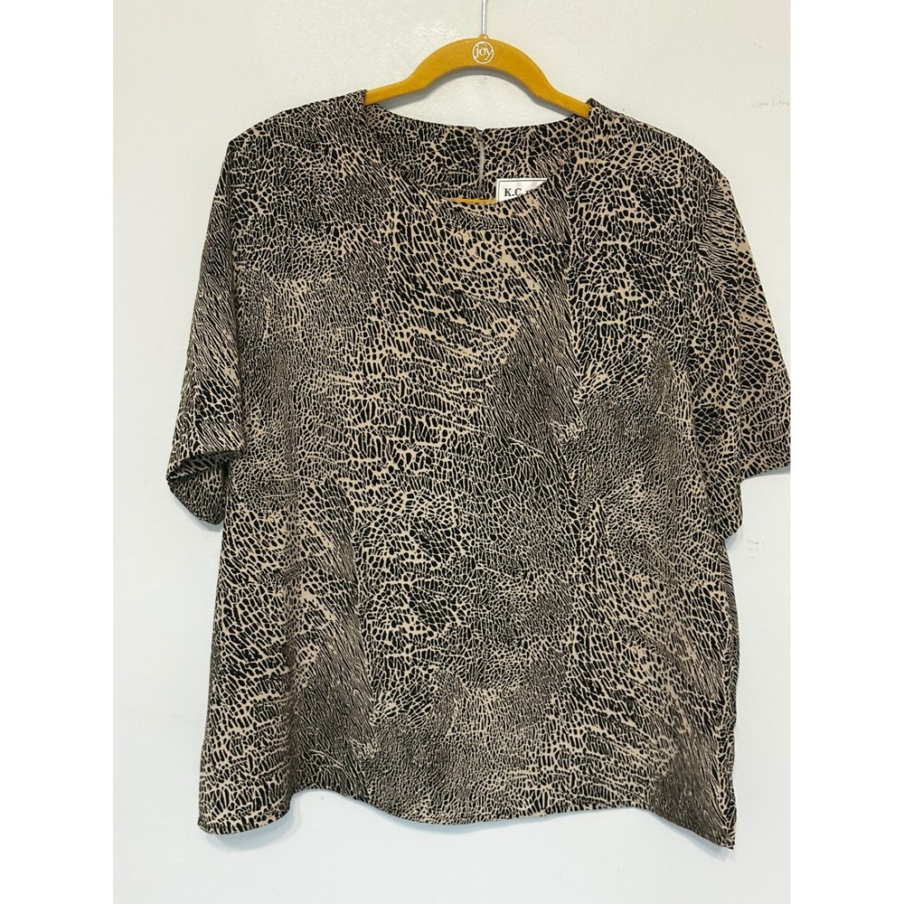 KC Studio Womens XL Short Sleeve Blouse Black Tan Abstract Animal Print Top